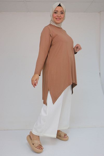 Eslina 58070 Large Size Asymmetric Cut Combed Cotton Tunic - Dark Mink