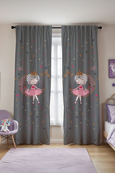 EVPANYA Princess Patterned Children's Baby Room Background Curtain on Gray (Single Wing Pricing)