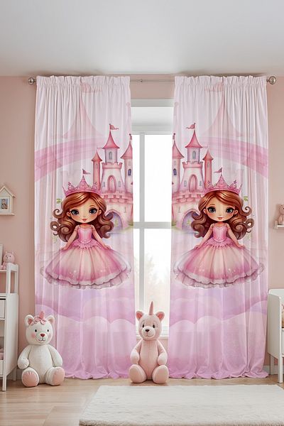 EVPANYA Pink Castle Princess Patterned Children's Baby Room Background Curtain (Single Wing Pricing)