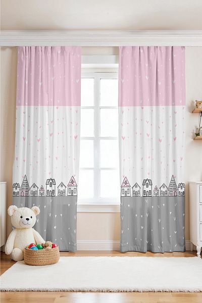 EVPANYA Pink Gray Houses Patterned Children's Baby Room Background Curtain (Single Wing Pricing)