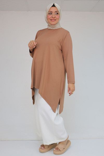 Eslina 58070 Large Size Asymmetric Cut Combed Cotton Tunic - Dark Mink