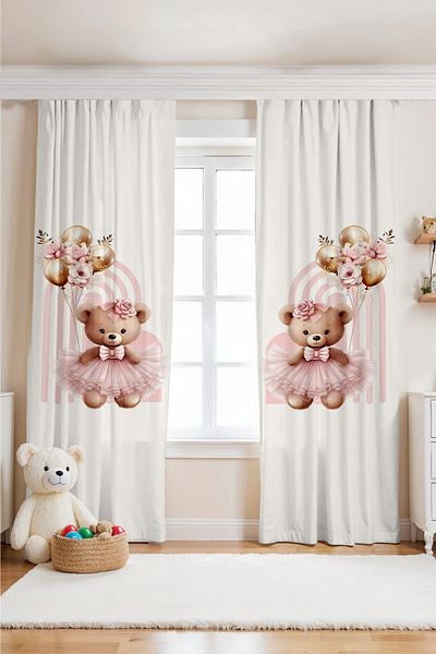 EVPANYA Ballerina Teddy Bear Patterned Children's Baby Room Background Curtain (Single Wing Pricing)