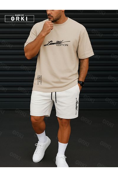 EFFRENATU Limited Edition Printed – Oversize Beige T-Shirt & White Shorts Combination