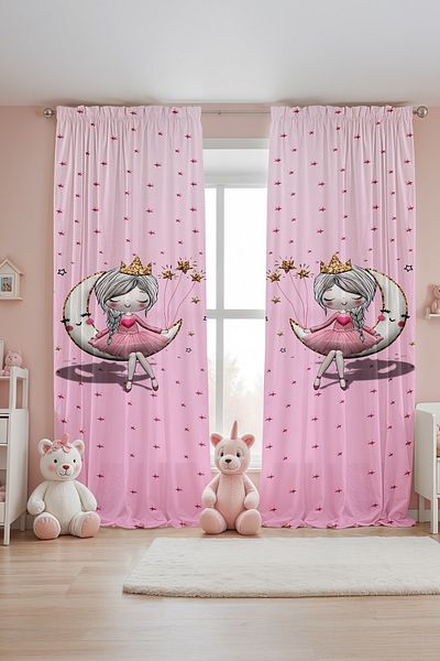 EVPANYA 3B Pink Princess on the Moon Patterned Children's Baby Room Background Curtain (Single Wing Pricing)
