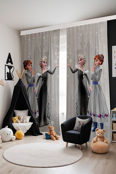 EVPANYA Gray Elsa Anna Patterned Children's Baby Room Background Curtain (Single Wing Pricing)