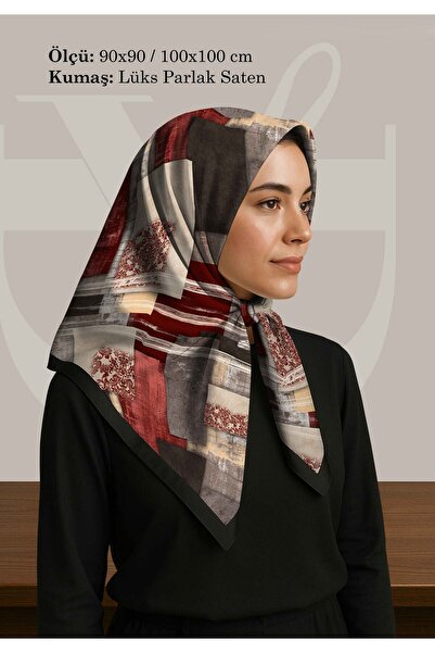 DESENİX وشاح منقوش مربع الشكل |   اللونين العنابي والرمادي |   90x90 - 100x10...