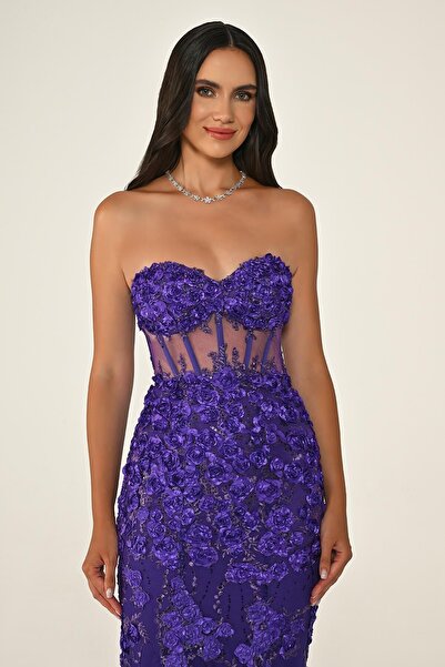 ALFABETA KADIN ABİYE KALP YAKA BEL TRANSPARAN 3 BOYUTLU ÇİÇEKLİ BALIK ŞIK ABİYE ELBİSE