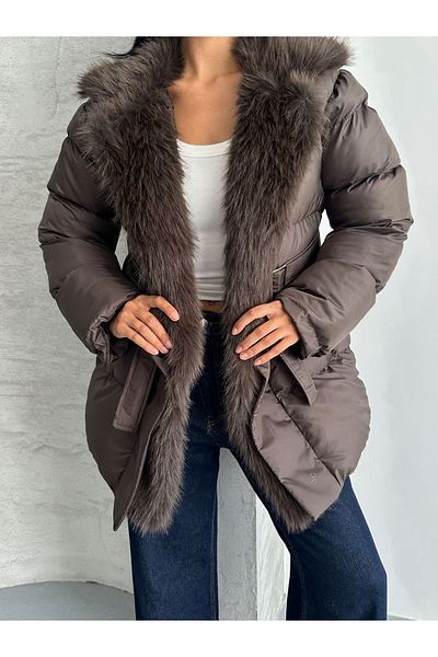 NET OF NOT Alessi Brown Long Fur Inside Premium Quality Waterproof Inflatable Coat Suitable for Hijab
