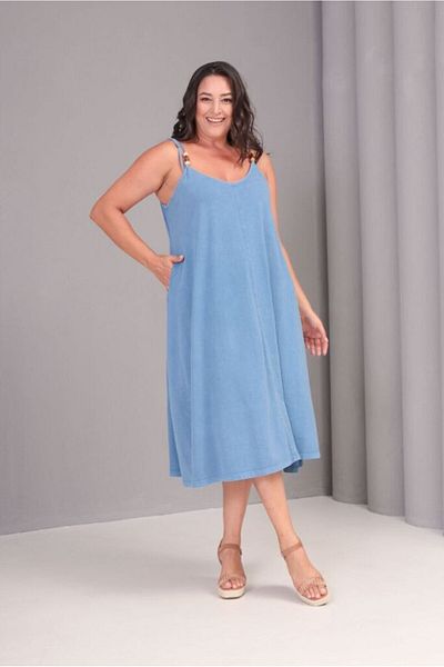 FOR ESRA BIG TREND Women's Plus Size Front Back V Neck Strap Tie-Up Wooden Bead Detail Pocket Washable Cotton Dress