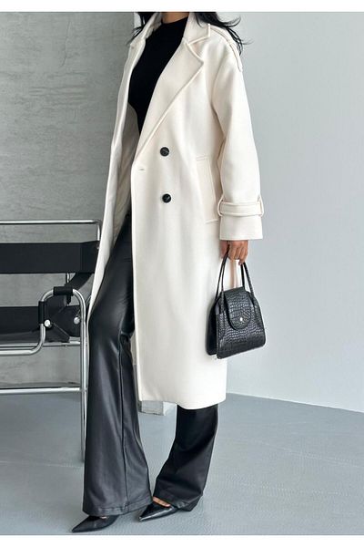 NET OF NOT Laura Ecru Belted New Season Lined Premium Quality Comfortable Fit Cashmere Coat