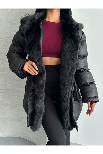 NET OF NOT Alessi Black Long Fur Inside Premium Quality Waterproof Inflatable Coat Suitable for Hijab