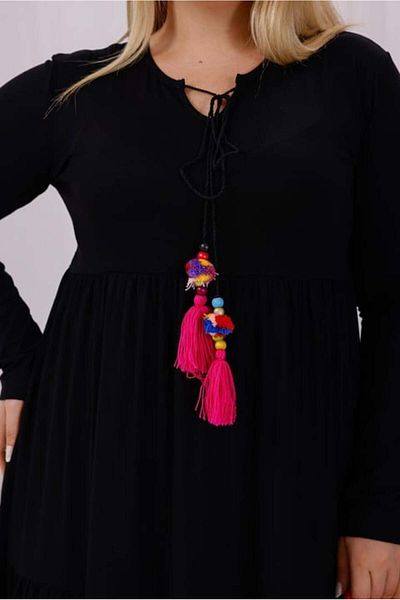 FOR ESRA BIG TREND Women's Plus Size V Hollow Collar Tassel Pompom Binding Long Sleeve Viscose Stretchy Dress