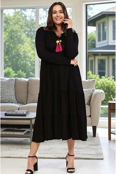 FOR ESRA BIG TREND Women's Plus Size V Hollow Collar Tassel Pompom Binding Long Sleeve Viscose Stretchy Dress