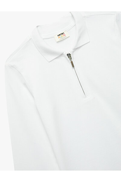 Koton Tricou școlar din bumbac cu mânecă lungă, cu guler polo, cu detaliu de fermoar