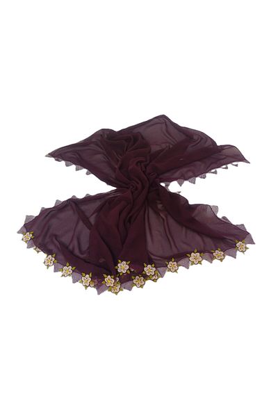 SYAZE Burgundy Chiffon Prayer Cover – Handmade Needlework with White Flower Motif