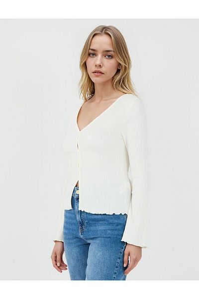 Jimmy Key White V-Neck Long Sleeve Slim Fit Knitted Cardigan