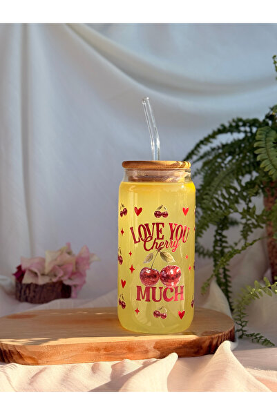 REMİ DESİGN Love You Cherry Much Yazılı Kiraz Desenli Bambu Kapaklı, Pipetli ...