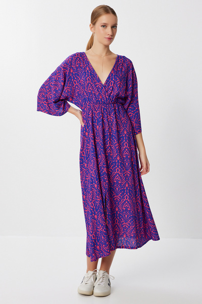 Lovelyİstanbul Patterned Wrap Collar Summer Viscose Dress Lzv0023 Blue Pink