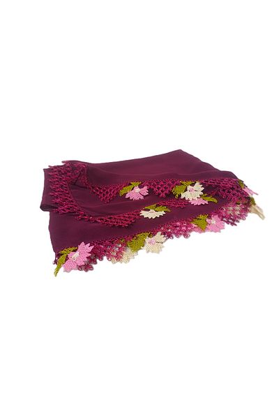 SYAZE Flower Patterned Needlework Burgundy Chiffon Prayer Cover