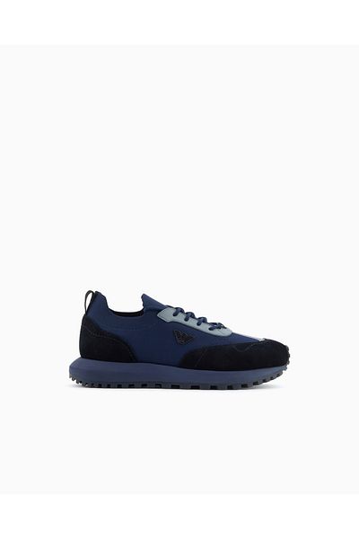 Emporio Armani Men's Knitted and Suede Detailed Toe Eagle Logo Round Blue Sneaker Em003739 Af19724-Mc038