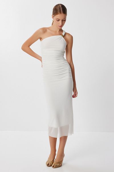 Lovelyİstanbul One Shoulder Draped Tulle Dress Lff0043 Ecru