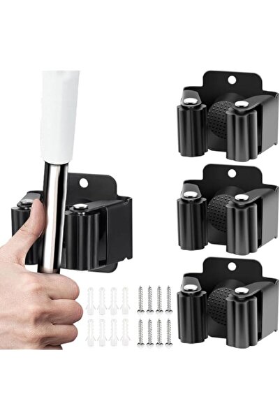 Generic Self-Adhesive Wall Mount Broom and Mop Holder - 4 Drill-Free Installation Pieces with Non-Slip Base - System