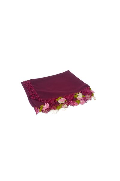 SYAZE Flower Patterned Needlework Burgundy Chiffon Prayer Cover