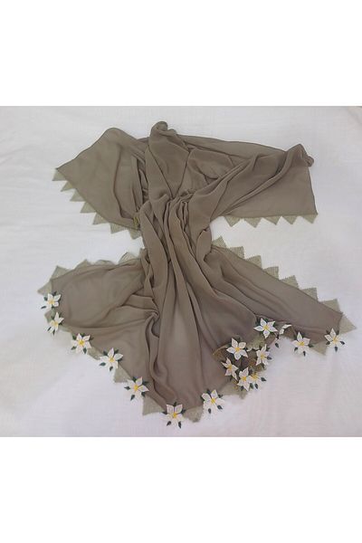 SYAZE Çağla Green Chiffon Prayer Cover – White Flower Motif Handmade Needlework