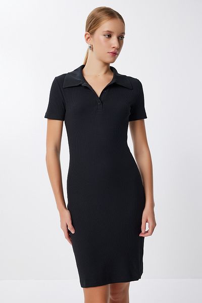 Lovelyİstanbul Polo Neck Ribbed Mini Knitted Dress Lmx0110 Black