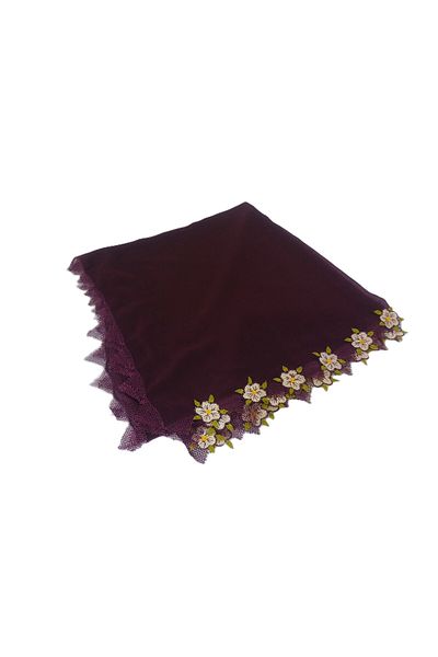 SYAZE Burgundy Chiffon Prayer Cover – Handmade Needlework with White Flower Motif