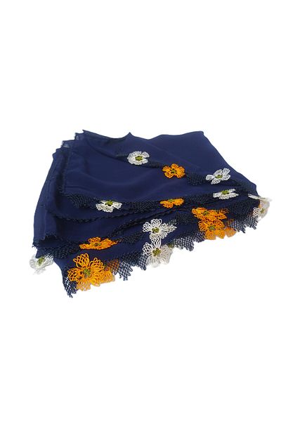 SYAZE Navy Blue Chiffon Prayer Cover – Orange White Flower Motif Handmade Needlework