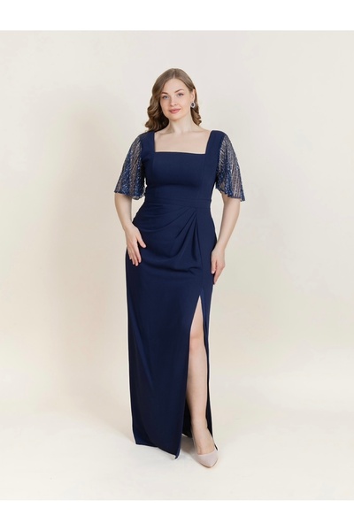 Megi Gelinlik Kol detaylı Kare Yaka ve Yırtmaçlı Abiye