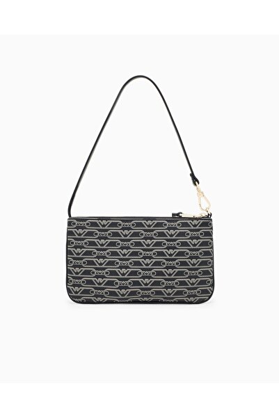 Emporio Armani Kadın Monogram Armani Kartal Baskılı İç Cepli Çıkarılabilir Kısa Askılı Siyah Omuz Çantası EW002953