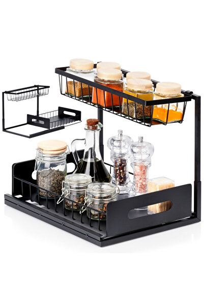 shumee Kitchen shelf with pull-out drawer, two levels, metal, black, 36x27x28.5 cm