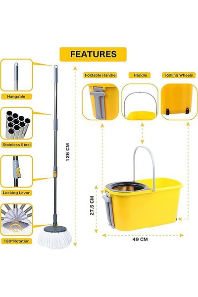 NEXTBRIDGE Classic Spin Mop Yellow Bucket Set with Pull Handle, Wheels