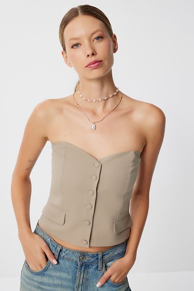 Lovelyİstanbul Strapless Crop Woven Blouse Lns0079 Clay Green