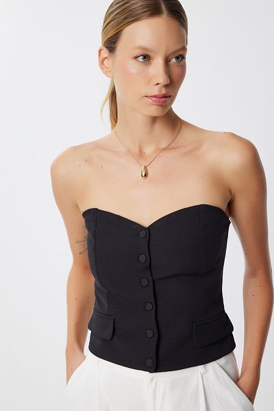 Lovelyİstanbul Strapless Crop Woven Blouse Lns0079 Black
