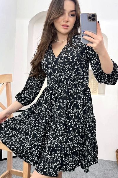 Bak Moda Double Breasted Collar Branch Patterned Black Mini Dress