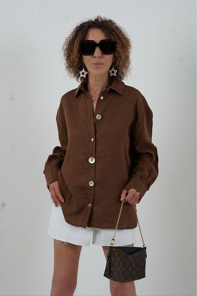 Zelish My Sister Brown Button Detail Natural Linen Shirt