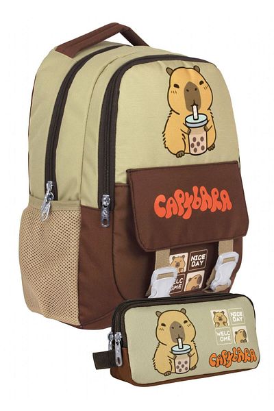 capybara Boy's Primary School Backpack and Two-Eye Pen Holder Set - Brown/Beige - Setcpb5200C