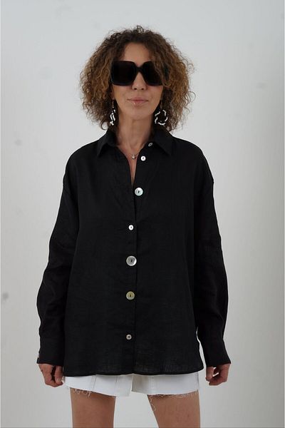 Zelish My Sister Black Button Detail Natural Linen Shirt