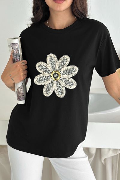 FEMELLE Black Pearl and Sequin Flower Embroidered Cotton T-Shirt