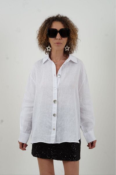 Zelish My Sister White Button Detail Natural Linen Shirt