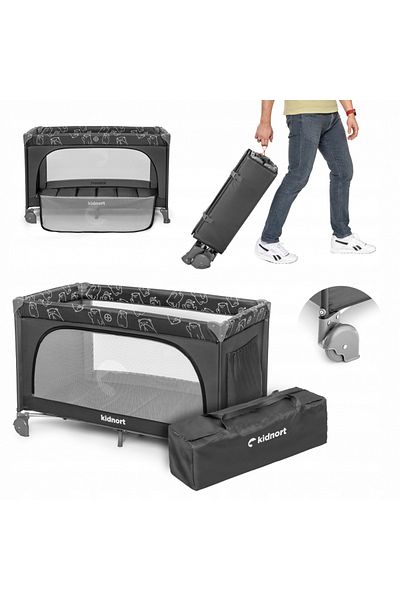 Kidnort Travel cot with mattress, ventilation net, wheels, zippered door and Kidno carry bag