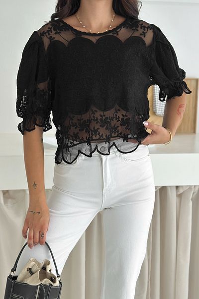 FEMELLE Black See-Through Lace Blouse Flower Embroidered Standard Size