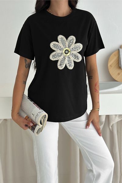 FEMELLE Black Pearl and Sequin Flower Embroidered Cotton T-Shirt