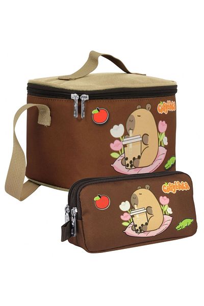 capybara Men's Thermal Insulated Lunch Bag and Pencil Bag Set - Beige/Brown - Setcpb5231