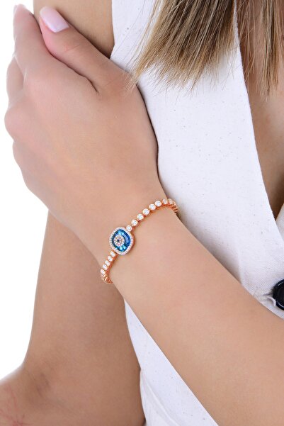 Söğütlü Silver Gümüş rose zirkon taşlı kare nazar boncuklu asansörlü cam göz ...