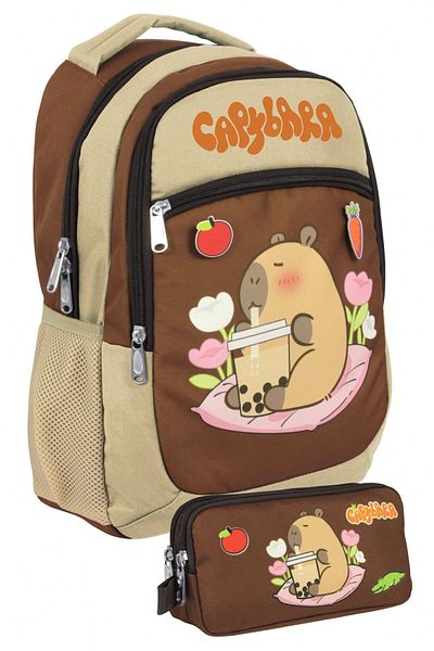 capybara Boy's Primary School Backpack and Two-Eye Pen Holder Set - Beige/Brown - Setcpb5230C