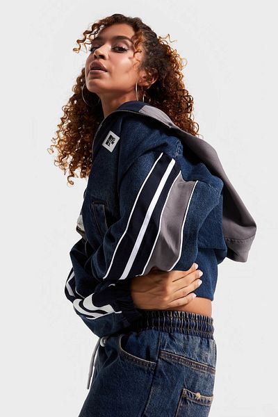 its basic Women's Jeans Navy Color Denim Woven Double Piece Fabric Oversize Hooded Design Denim Jacket